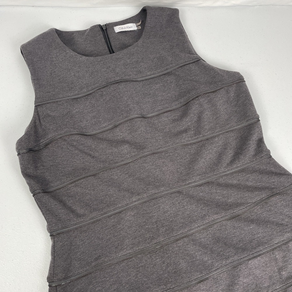 Calvin Klein Dress Women's Size 12 Gray Zipper Embroidery Sleeveless Midi Modern